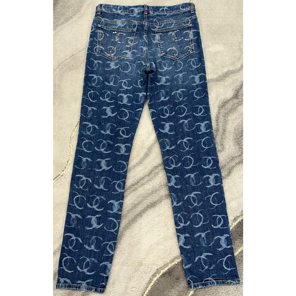 Chanel 23B Runway Dark Blue Denim White CC Printed Logo Sequin Skinny Jeans 42 - Picture 10 of 12